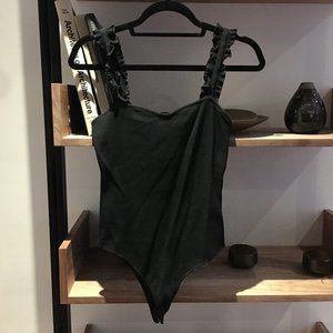 Crystal Black Ribbed Ruffled Bodysuit